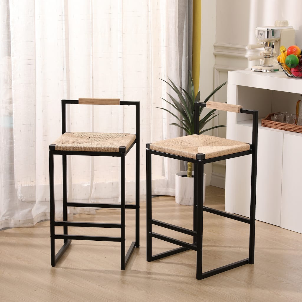 Set of 2 Paper Rope Woven Bar Stools with Back, Counter Height Dining Chairs for Kitchen & Home