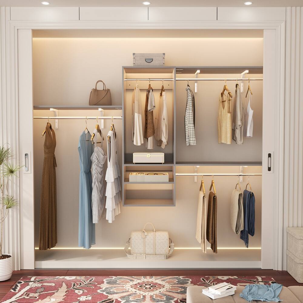 Rackcog 96'' Hanging Closet System with 3 Shelving Towers and 3 Hanging Rods,Wall-Mounted Walk-in Closet Organizer