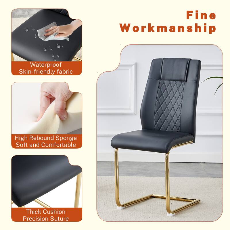 Modern Dining Table Set, Dining Table with C-Shaped Metal Legs, Black Upholstered Leather Dining Chairs