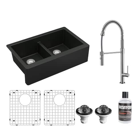 Karran All in One Apron Front/Farmhouse Quartz 34-in Double Bowl 50/50 Sink in Black with Faucet KKF220 in Stainless Steel