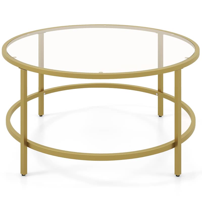 Tempered Glass Round Coffee Table with Metal Frame and 110 lbs Capacity - 35.5" x 35.5" x 18" - Golden