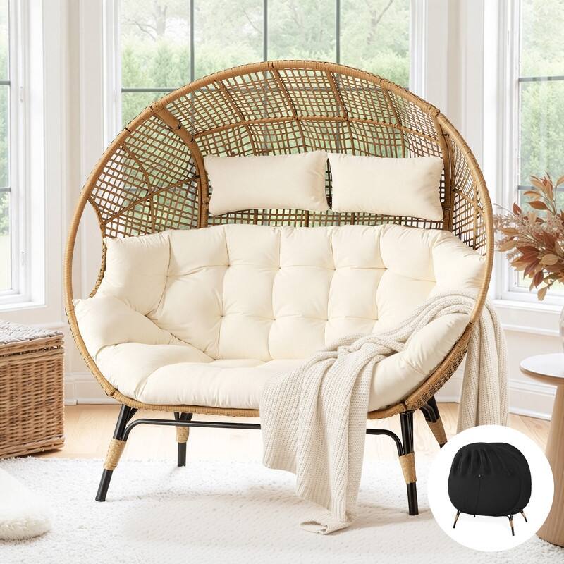 FINCATI 2-Person Indoor/Outdoor Wicker Egg Chair Loveseat, 57.1-in Wide, 6.5-in Cushion, 680-lb Capacity - Beige w/ Cover