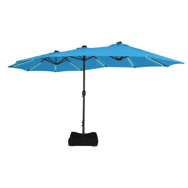 Clihome 15Ft Outdoor Solar Lights Rectangular Crank Market Umbrella, with Base