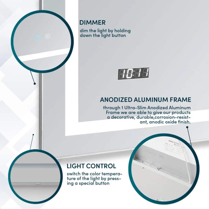 AQUADOM Daytona 24" Led Lighted Mirror for Bathroom Defogger, Digital Clock - 24"x30"x1"