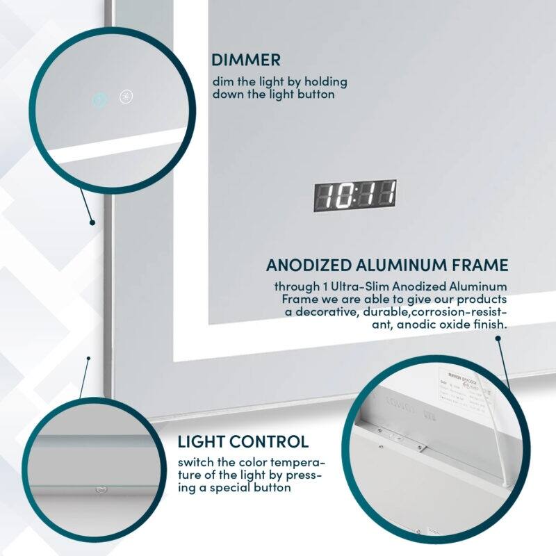 AQUADOM Daytona 36" Led Lighted Mirror for Bathroom Defogger, Digital Clock - 36"x30"x1"