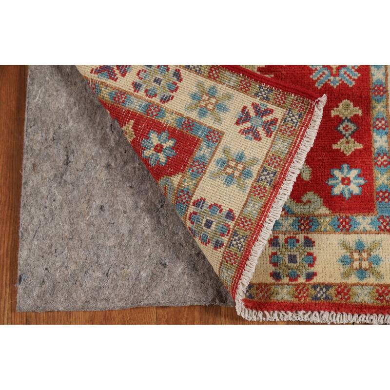 Red Geometric Kazak Foyer Rug Hand-Knotted Traditional Wool Carpet - 2'0" x 3'0"