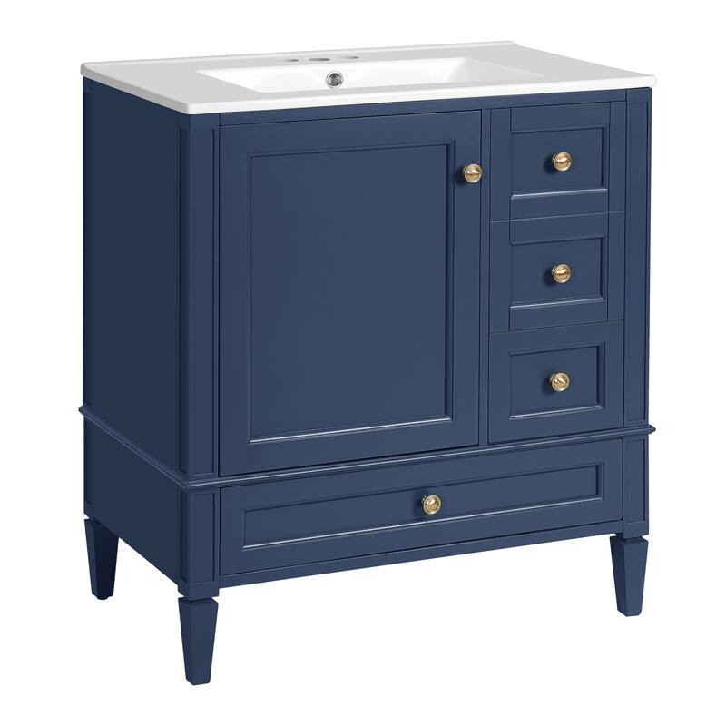 30" Bathroom Vanity with Ceramic Sink - Solid Wood Frame with 3 Drawers, Modern Bathroom Storage Cabinet