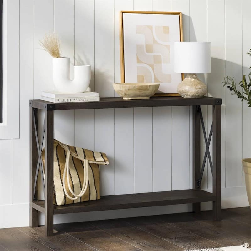 Wood Finish Entryway Console Table with Lower Shelf and Metal Accents for Shoes or Decor - 30'' H X 46'' L X 11.75'' W