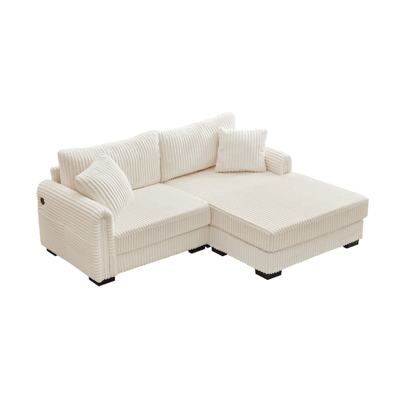 L-Shaped Sofa, 2 Seater Modular Sectional Sofa with Convertible Chaise, USB Ports, Corduroy Couch with Oversized Side Pocket