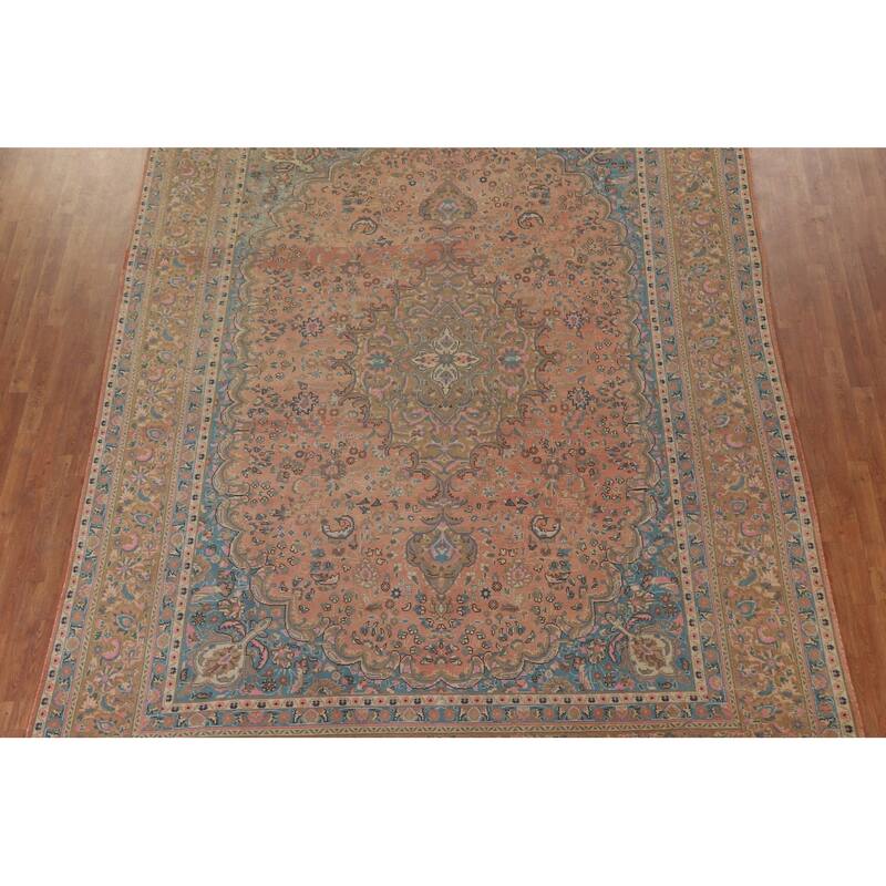 Hand Knotted Oriental 100% Wool Carpet Traditional Floral Pink Mashad Area Rug - 12' 9'' X 9' 6''