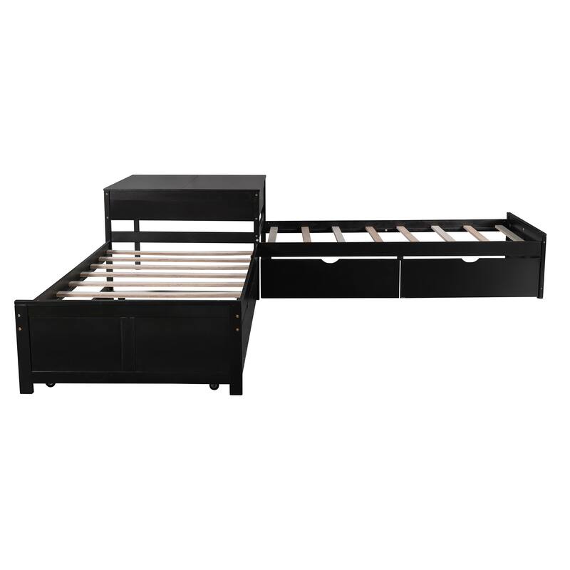L-Shaped Platform Bed With Trundle And Drawers Linked With Built-In Desk,Twin