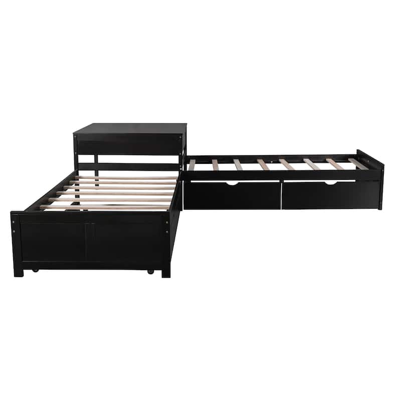 Modern Twin Size L-shaped Platform Bed with Trundle and Drawers for Bedroom