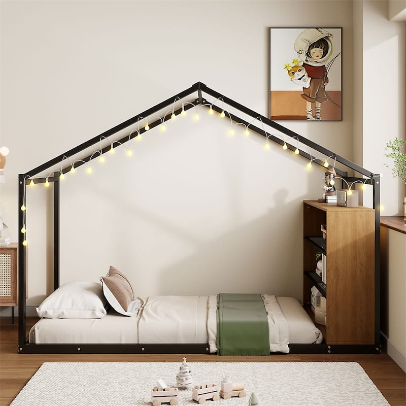 Twin Size Metal Bed House Bed Frame with Shelves and Lights - Black