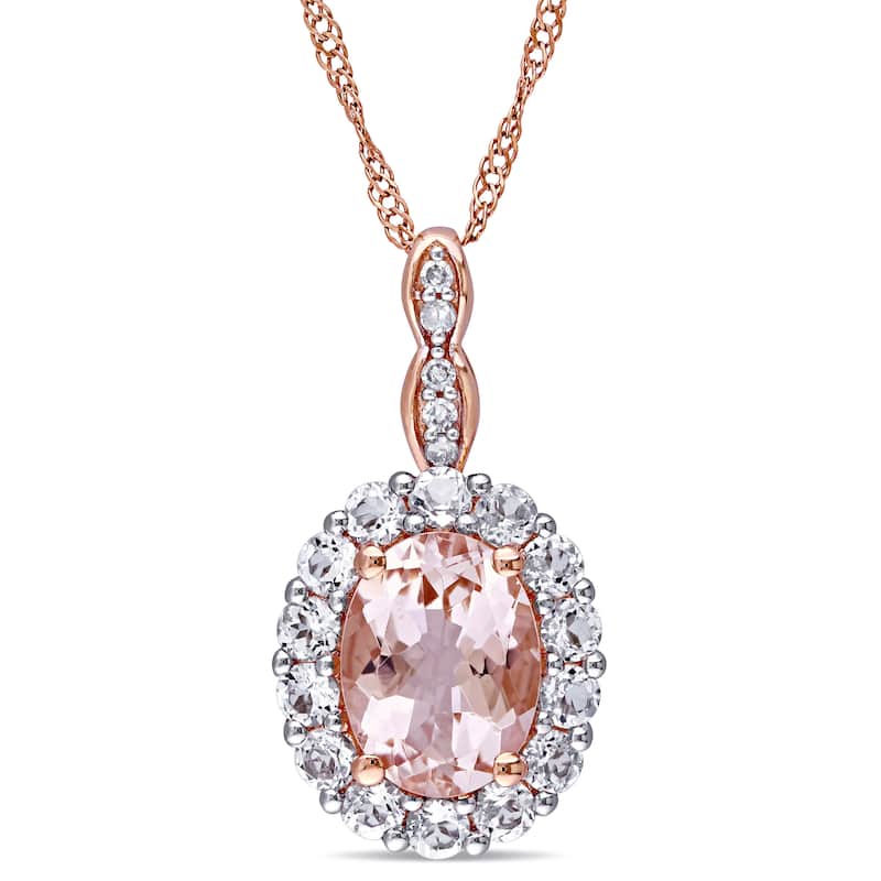 Miadora 14k Rose Gold Oval-cut Morganite, White Topaz and Diamond Accent Halo Drop Necklace