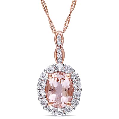 Miadora 14k Rose Gold Oval-cut Morganite, White Topaz and Diamond Accent Halo Drop Necklace