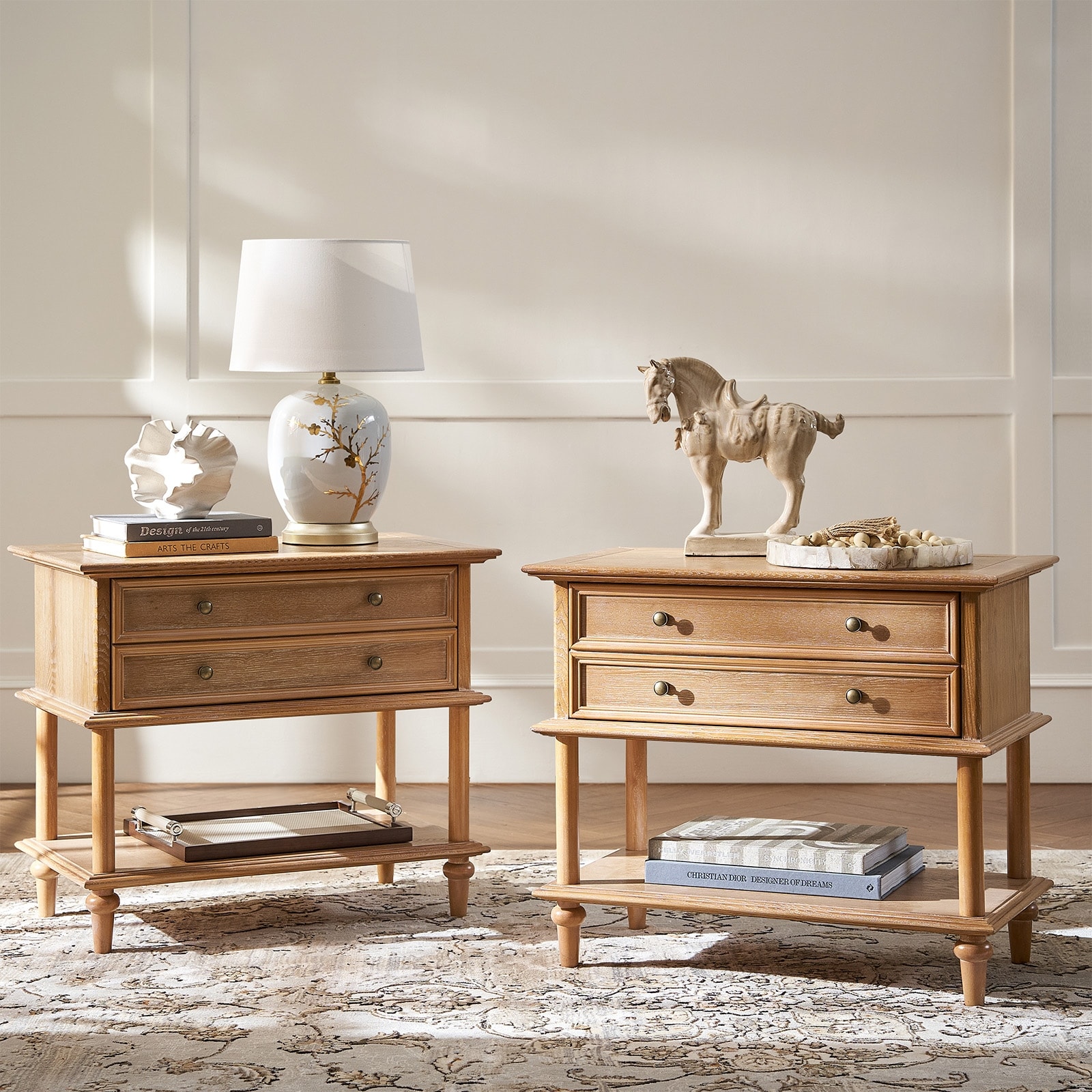 HULALA HOME Gaston 1-Drawer Solid Wood Nightstand with Buit-in Power Outlet and USB Port Set of 2