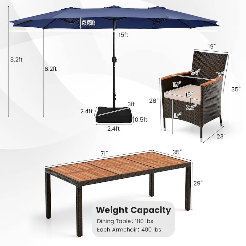 11 PCS Patio Dining Set Outdoor Rattan Furniture Set w/ 15ft Umbrella