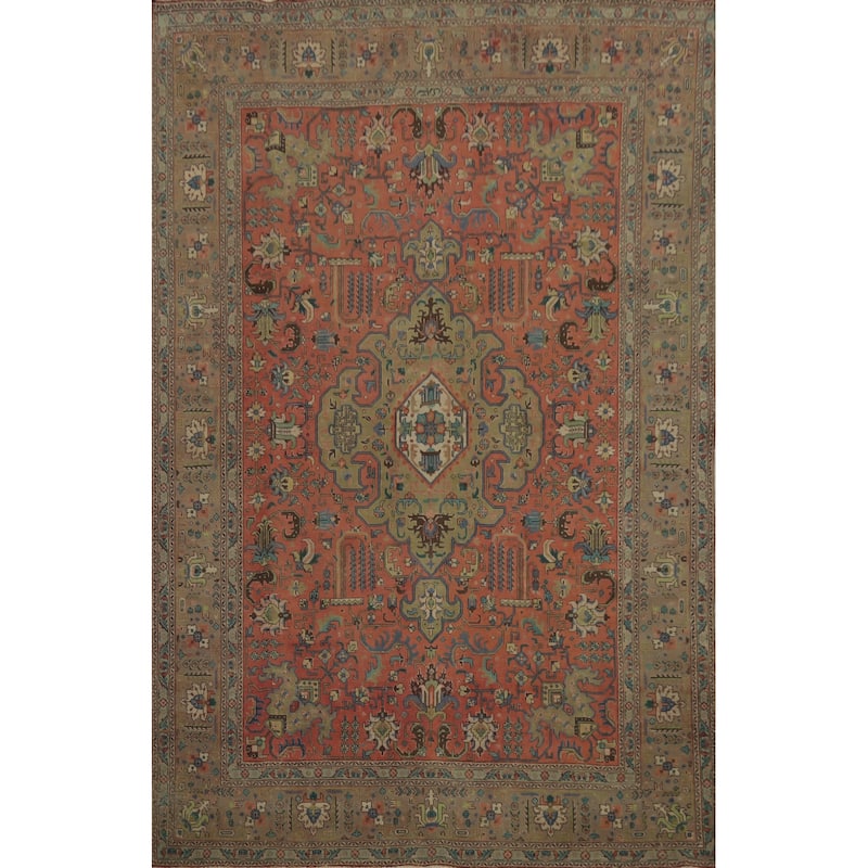 Hand Knotted Oriental 100% Wool Carpet Traditional Medallion Coral Tabriz Area Rug - 10' 9'' X 7' 8''