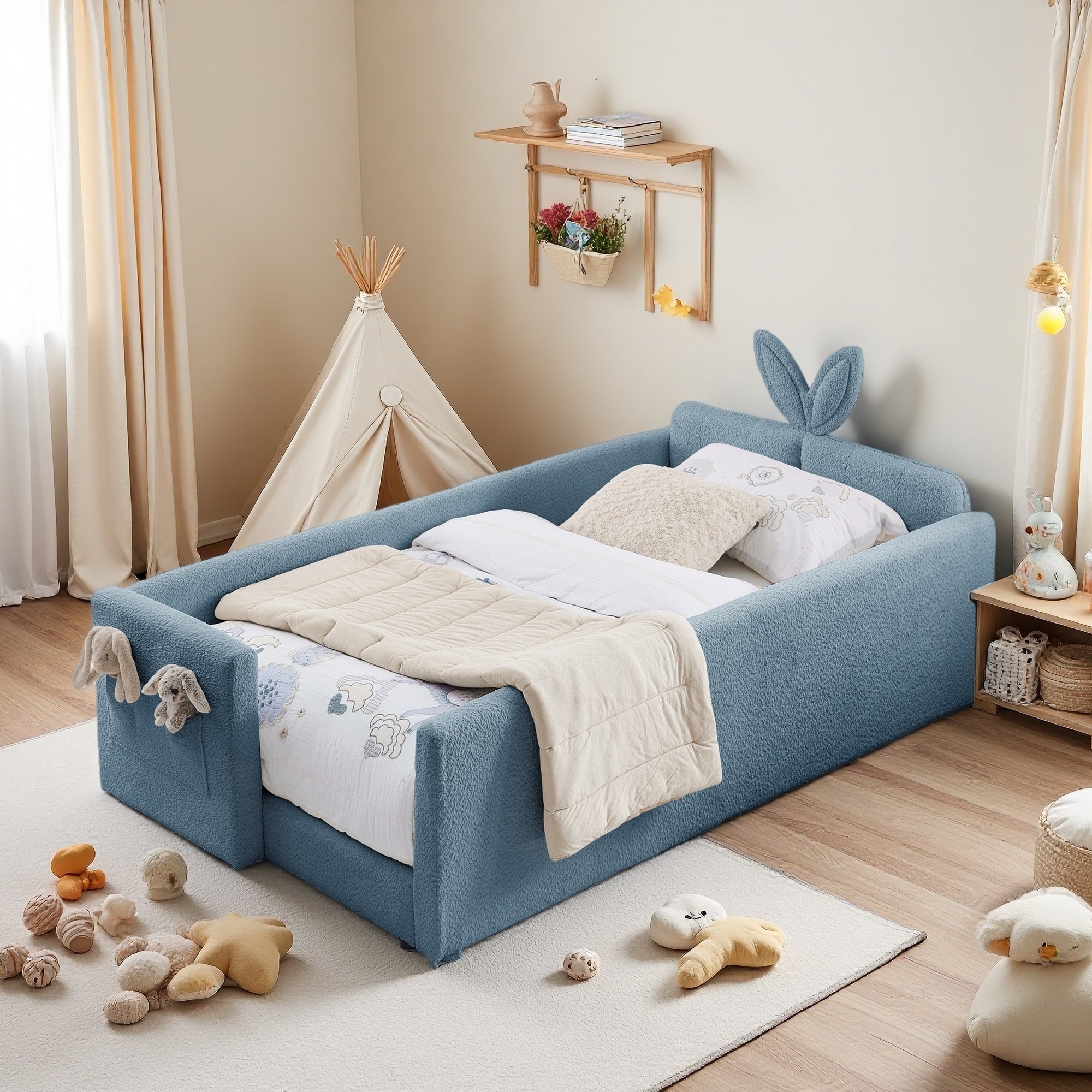 Twin Boucle Upholstered Bed with Rabbit Ear Headboard, Safety Rail & Pocket Storage, Kid-Friendly