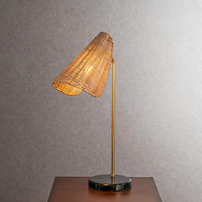 CraftHome Farmhouse Handwoven Rattan Table Lamp Antique Brass Finish Black Marble Base Nightstand Lamp For Bedroom - W13''
