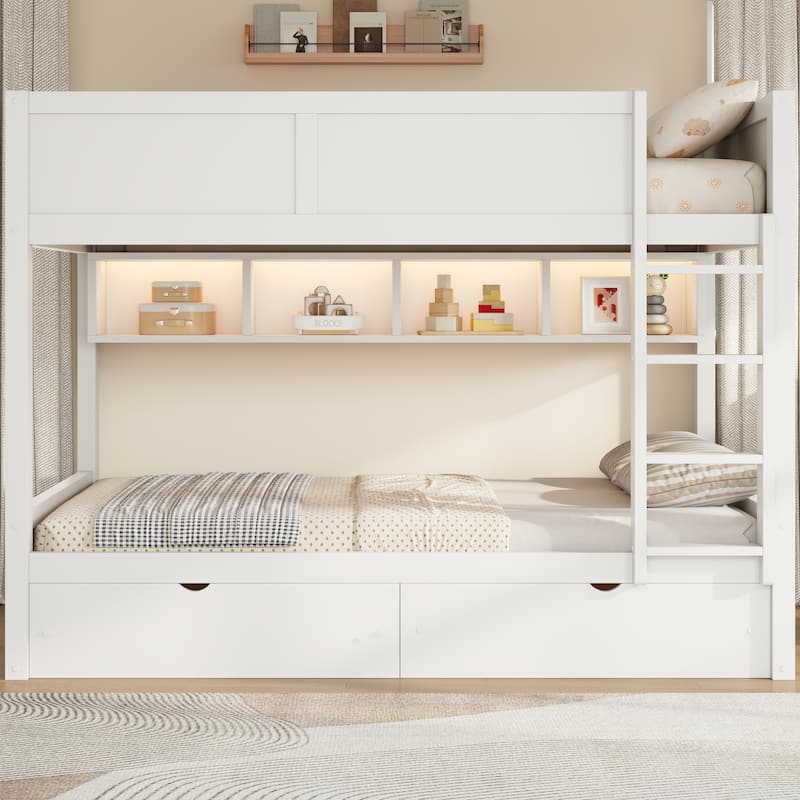 Roomfitters Full XL Over Full XL Bunk Bed with Storage Cabinets, LED Light and Drawers