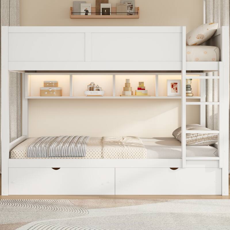 Wooden Full XL Over Full XL Bunk Bed with Storage Cabinets Built-in LED Lighting and 2 Pull-out Storage Drawers