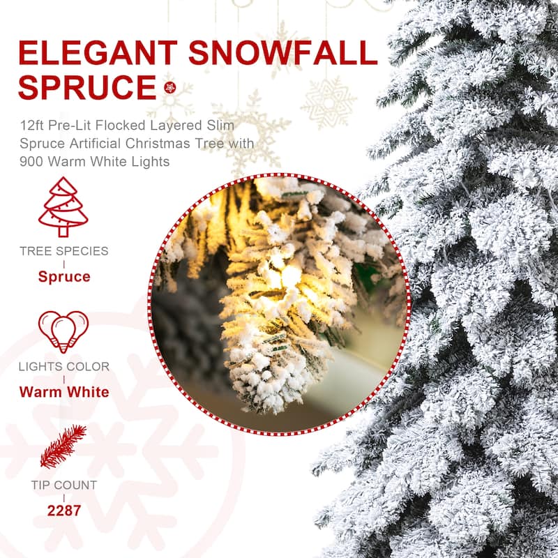Glitzhome 12ft Pre-Lit Flocked Slim Spruce Artificial Christmas Tree with 900 Lights