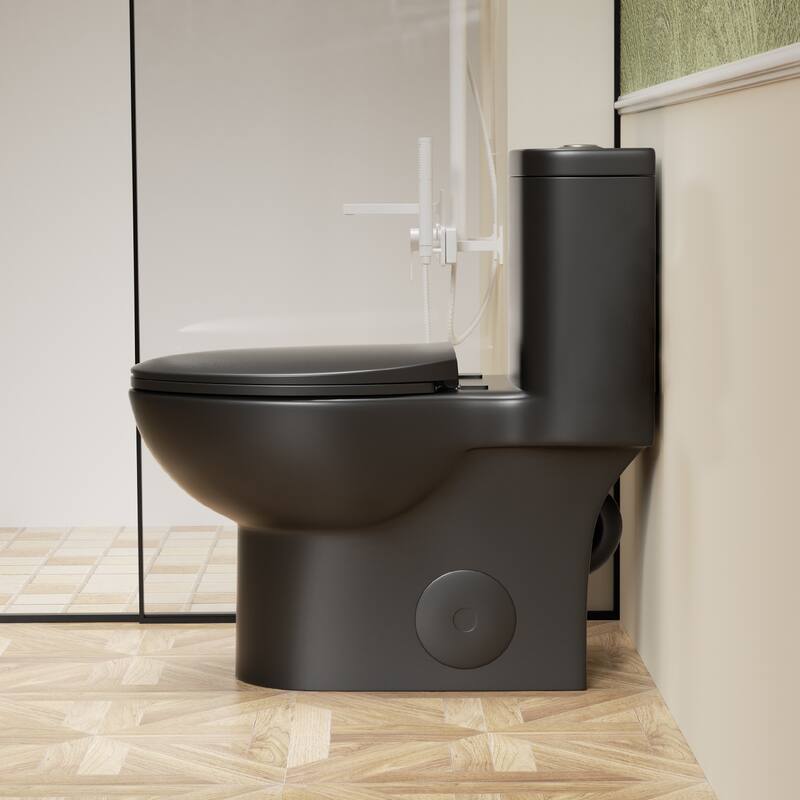 Anmytek Matt Black One Piece Toilet with Tornado Dual Flush and Soft Closing Seat ADA Height Siphonic S Trap 12 Inch Rough In