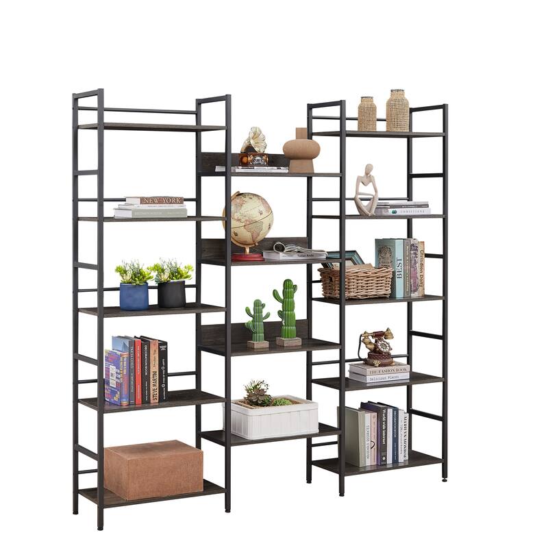 Industrial Triple Wide Wooden 5-shelf Bookshelves