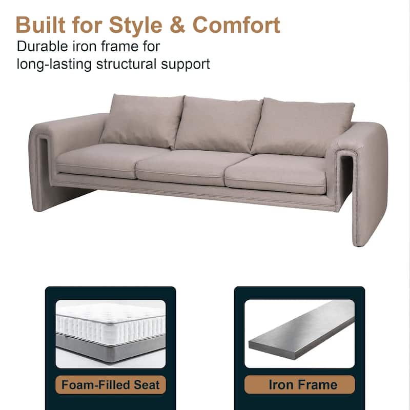 Ely Three-Seater Sofa Upholstered in Linen with Iron Frame and Removable Cushions
