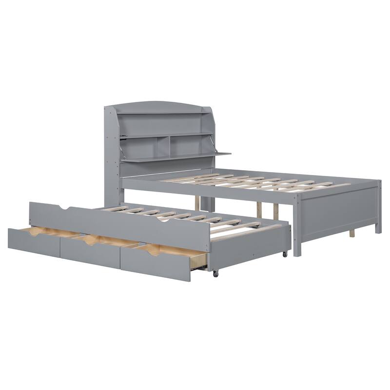 Full Size Wooden LED Platform Bed with Trundle, Storage Headboard, and Drawers in Gray