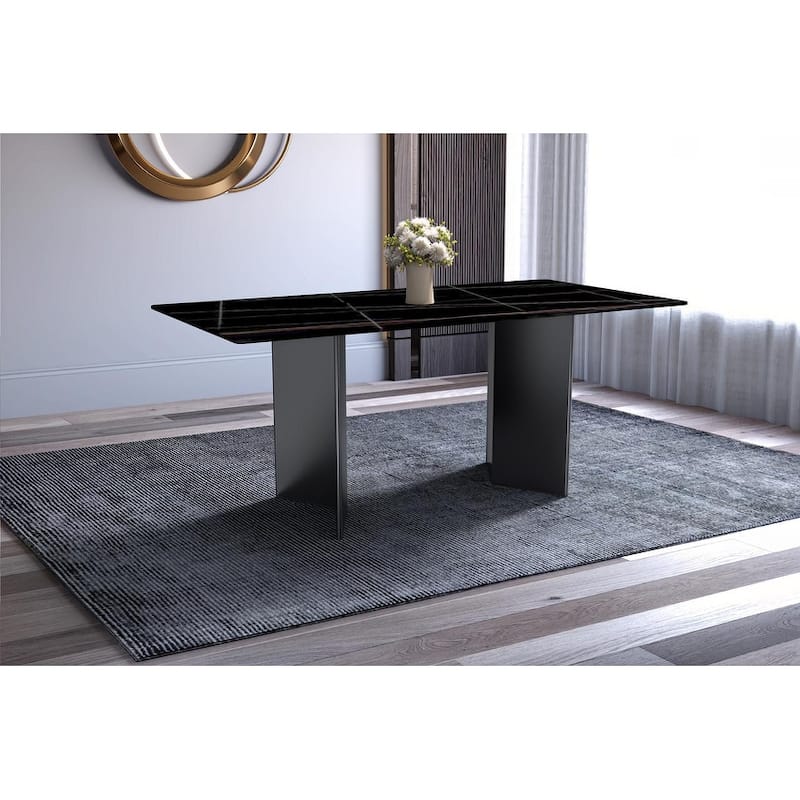 Olyra Contemporary Rectangular Sintered Stone or Glass Dining Table with Stainless Steel Base fpr Home Kitchen and Dining Rooms