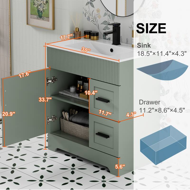 30"/36"/48" Single Bathroom Vanity Set with Drop in Sink Top with Wave Lines