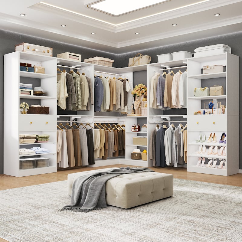 Zyntex Corner Closet System with 2 Wooden Drawers and 6 Hanging Rods, Freestanding Walk-in Closet Organizer with Storage Shelves - White