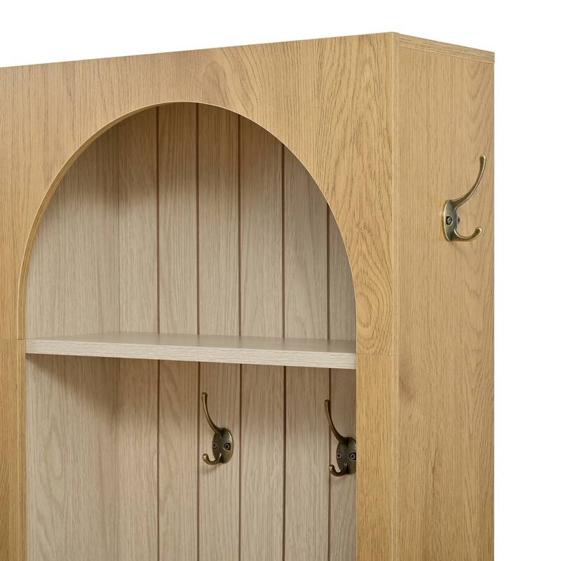 Wooden Style Hall Tree with Arched Design, Entryway Bench with Retro Hooks, Rustic Coat Rack & Shoe Organizer with Drawers