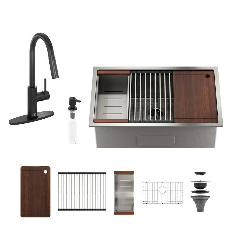 Nano Brushed Stainless Steel Undermount Workstation Kitchen Sink with Touchless Pull-Down Kitchen Faucet and Accessories - 36" Sink + 2-Spray Matte Black Pull-Down Faucet - 36 x 19 x 10