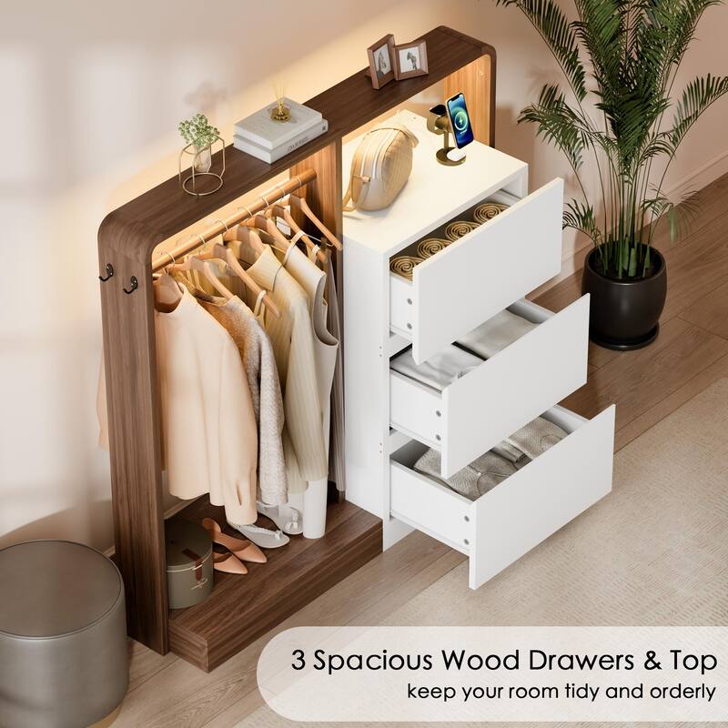 Dresser for Bedroom with Hanging Closet, 3 Drawers Dresser with LED Lights & Charging Station