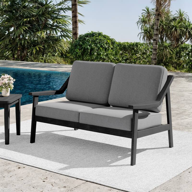 Outdoor Teak Wood Slat Back Patio Loveseat Sofa - BlackFrame-Grey