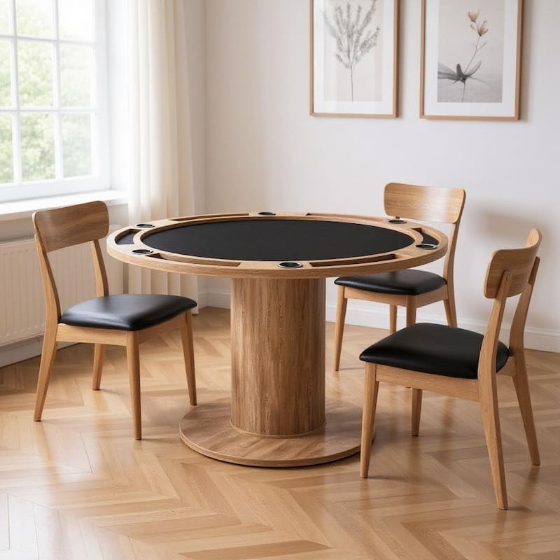 HomeRoots 54" Natural And Black Round Convertible Game Table - 54.00 in. x 32.70 in. x 54.00 in. - Tan/Black