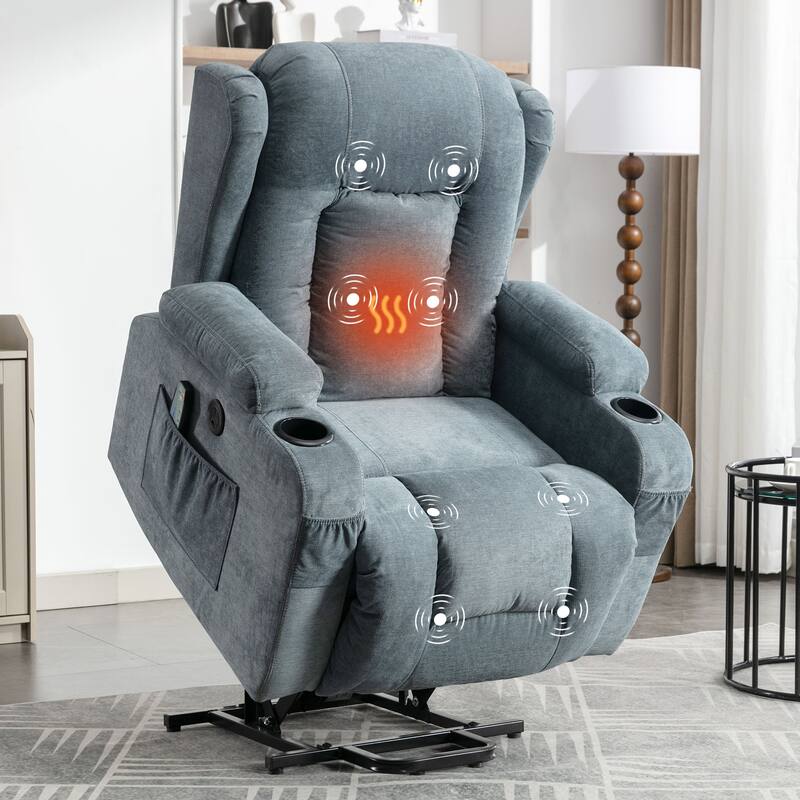Power Lift Recliner Chair Recliners for Elderly with Heat for Living Room with Infinite Position and Side Pocket,USB Charge Port - Blue