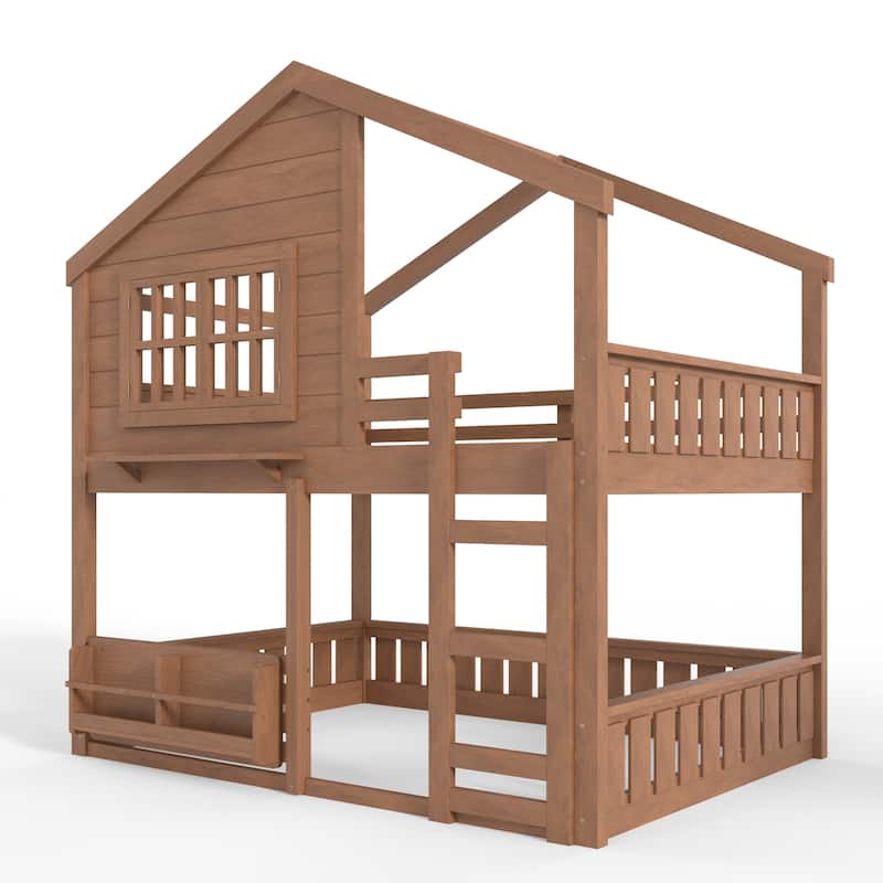 Fairytale House Bunk Bed Kids Loft Bed Frame with Bookshelf and Shelf