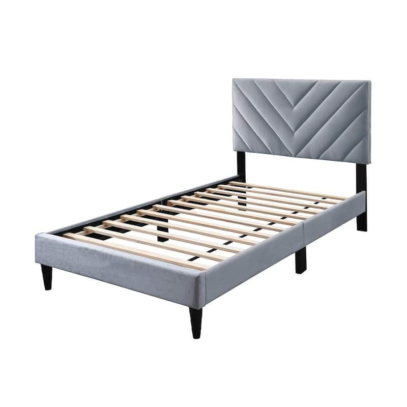 Lilian Twin Size Bed, Tufted Gray Velvet Upholstery, Chevron Stitch