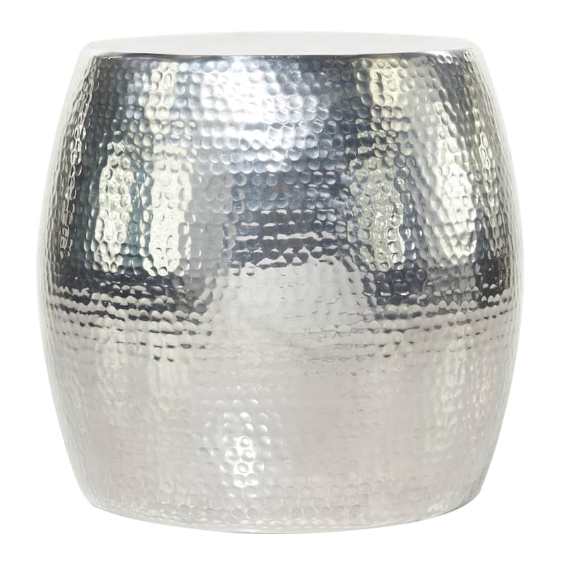 Silver Aluminum Metal Drum Shaped Accent Table with Hammered Design