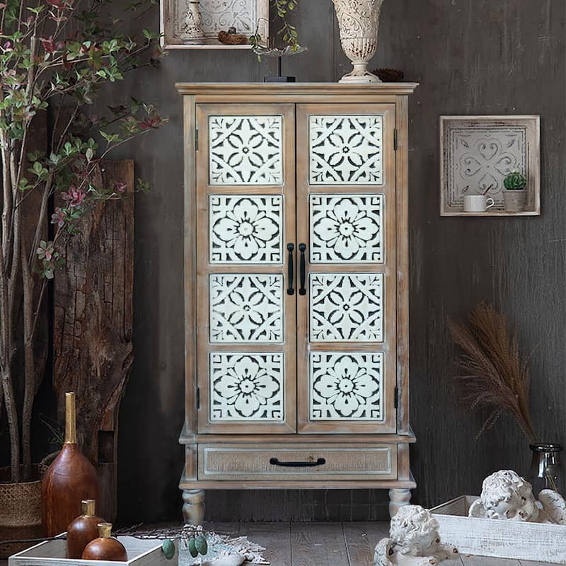 55.12" Tall Tower Storage Cabinet -Wood Sideboard Pantry Cabinet -Buffet Cabinet with Storage with Two Doors And A Drawer - Natural+White