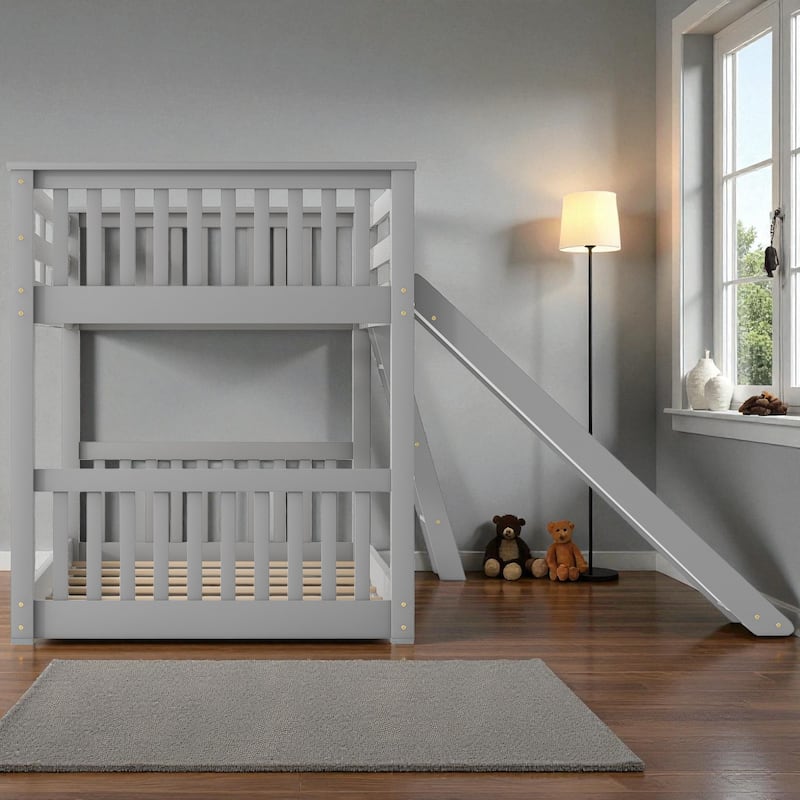 Twin Over Twin / Full Over Full Wooden Bunk Bed with Convertible Slide and Ladder, Guardrails, No Box Spring Needed