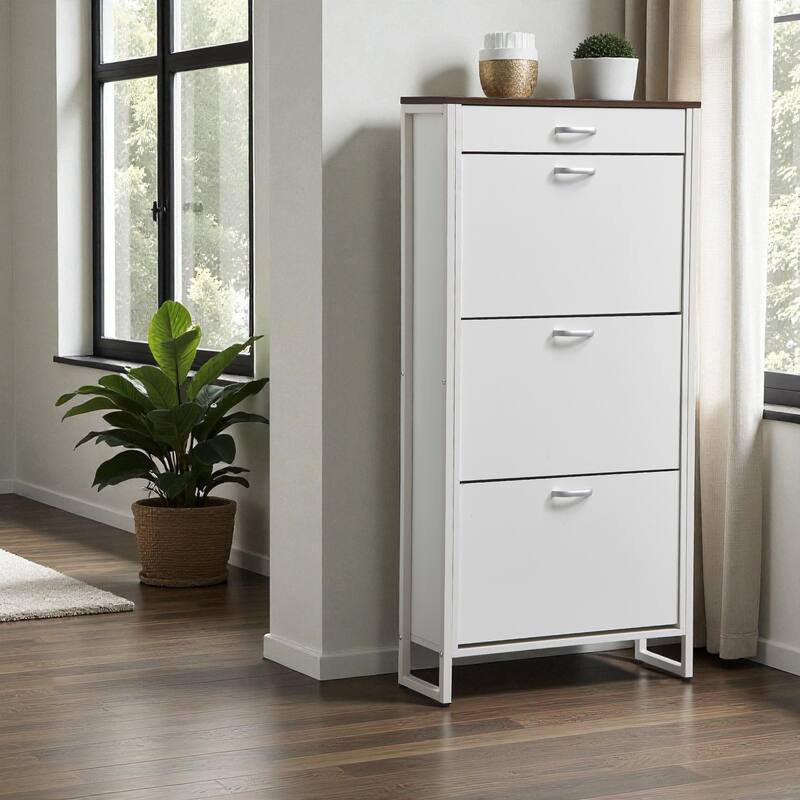 25.6" Slim Shoe Storage Cabinet with 3 Flip Drawers and 1 Drawer, Freestanding Entryway Shoe Organizer for Small Spaces
