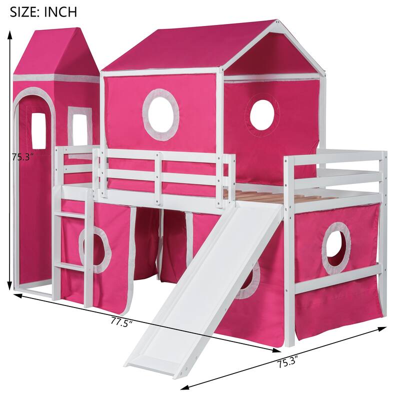 Roomfitters Twin Size Loft Bed with Slide, Pink Tent and Decorative Tower, Imaginative Play Space Frame, Pink