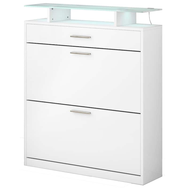 35 in.W Shoe Storage Cabinet with 2 Flip Drawers Tempered Glass Top - 2-Tier