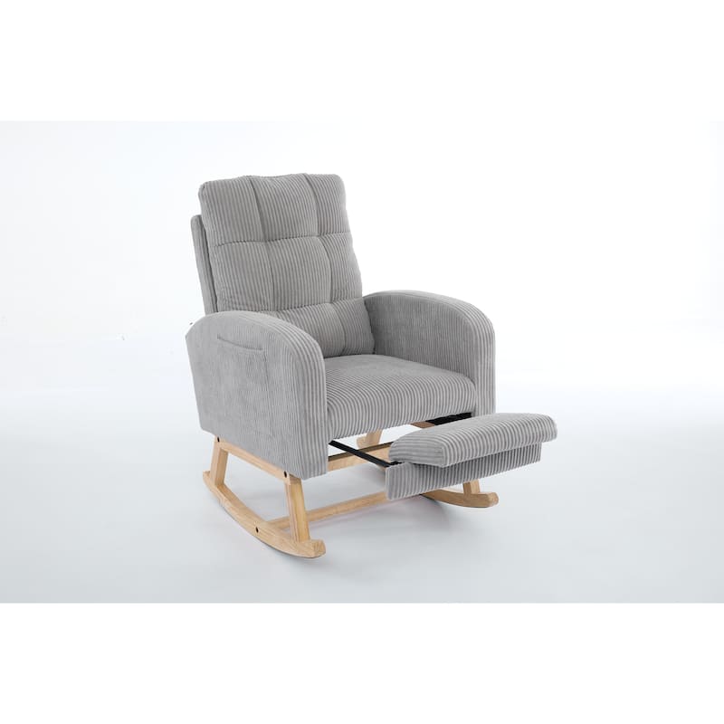 Accent Rocking Chair Rocking Chair with Solid Wood Legs, Upholstered Nursery Glider Rocker, Comfy Armchair with Side Pocket