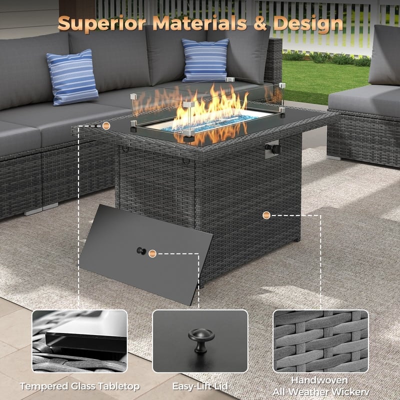43" Wicker Outdoor Propane Fire Pit Table, 60,000 BTU, Wind Guard